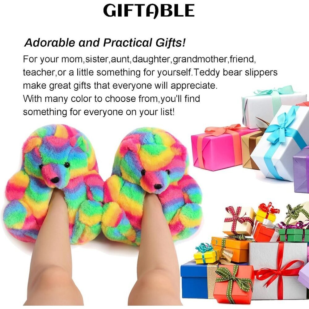 Women's Cute Fuzzy A06-rainbow Teddy Bear Slippers Cozy Cartoon Indoor Shoes - Picture 9 of 9